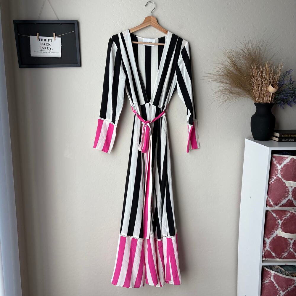 We Are Leone Dress Silk Contrast Maxi Cardigan Striped Belted‎ Long Sleeve S/M - Picture 2 of 14
